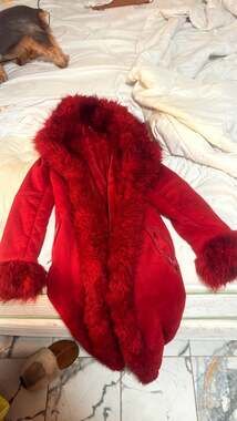 Wool Coat with Mongolian Fur Trim in Red: .com,